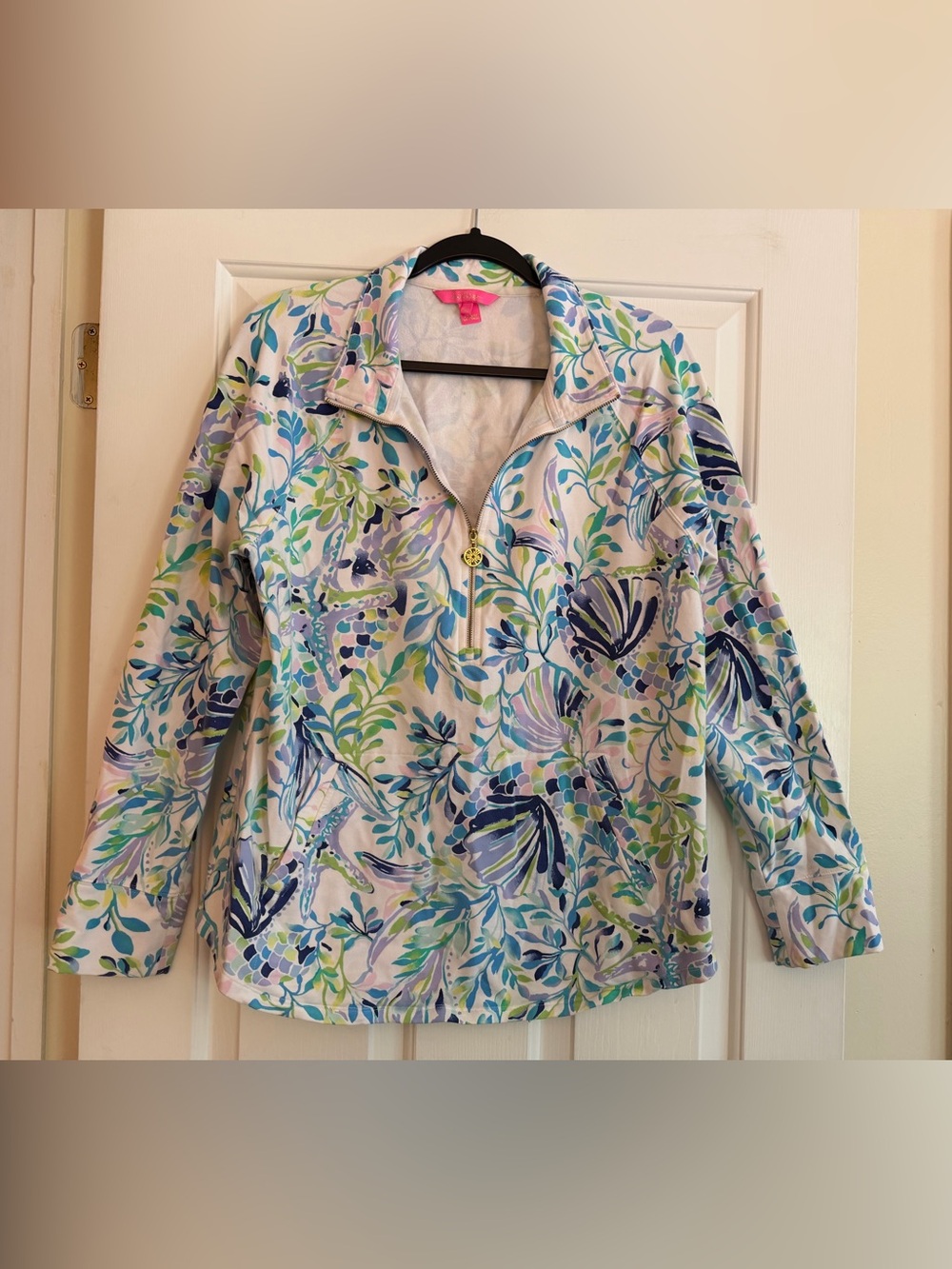 Lilly Pulitzer UPF 50+ Skipper Popover Floral Sea Marine Print 1/2 zip Jacket